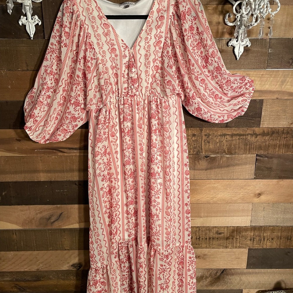 Justify Red and White Patterned High Low  boho dress - Picture 2 of 13